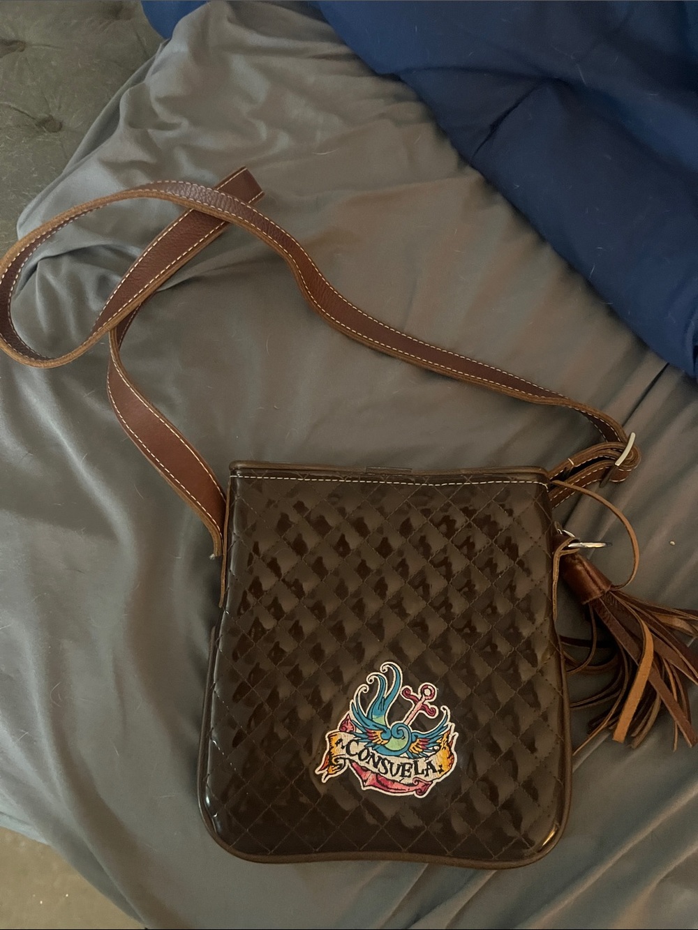 Consuela Brown Woven Crossbody Bag with Embroidered Patch